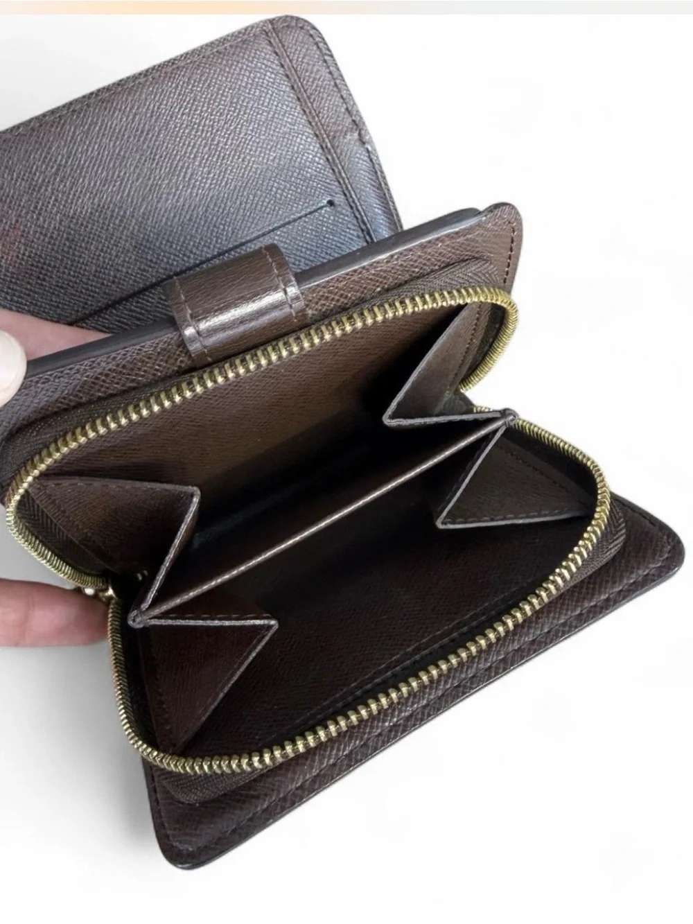 Louis Vuitton Damier Ebene Compact Wallet Brown Leather Snap Zipper Box Dust Bag
